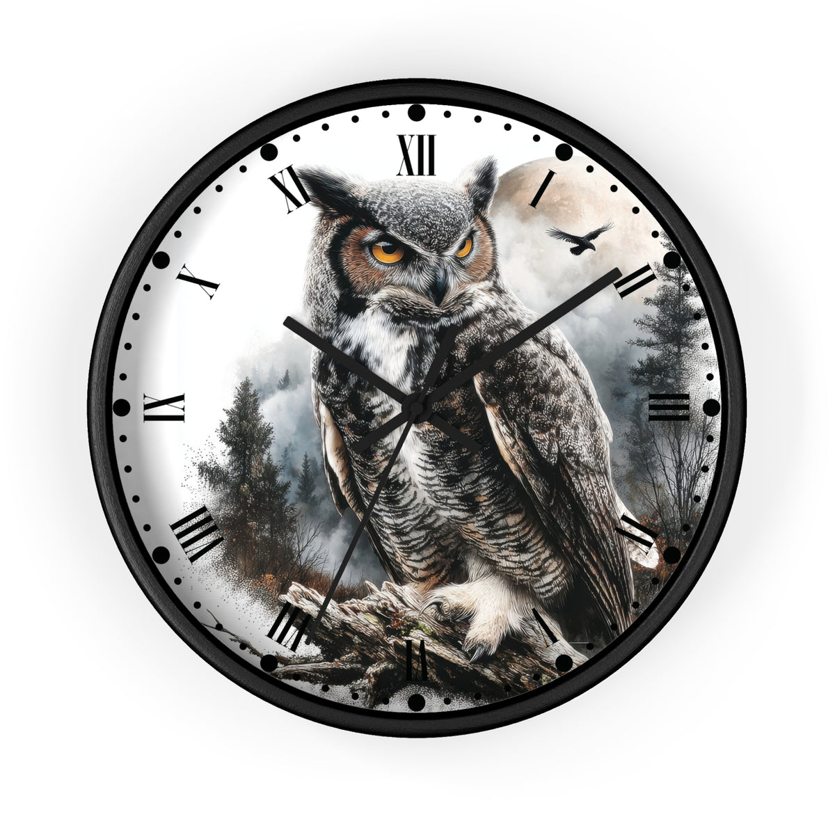Round wall clock with a black frame and a printed owl illustration on the face, featuring Roman numerals and black hands, shown against a plain white background.