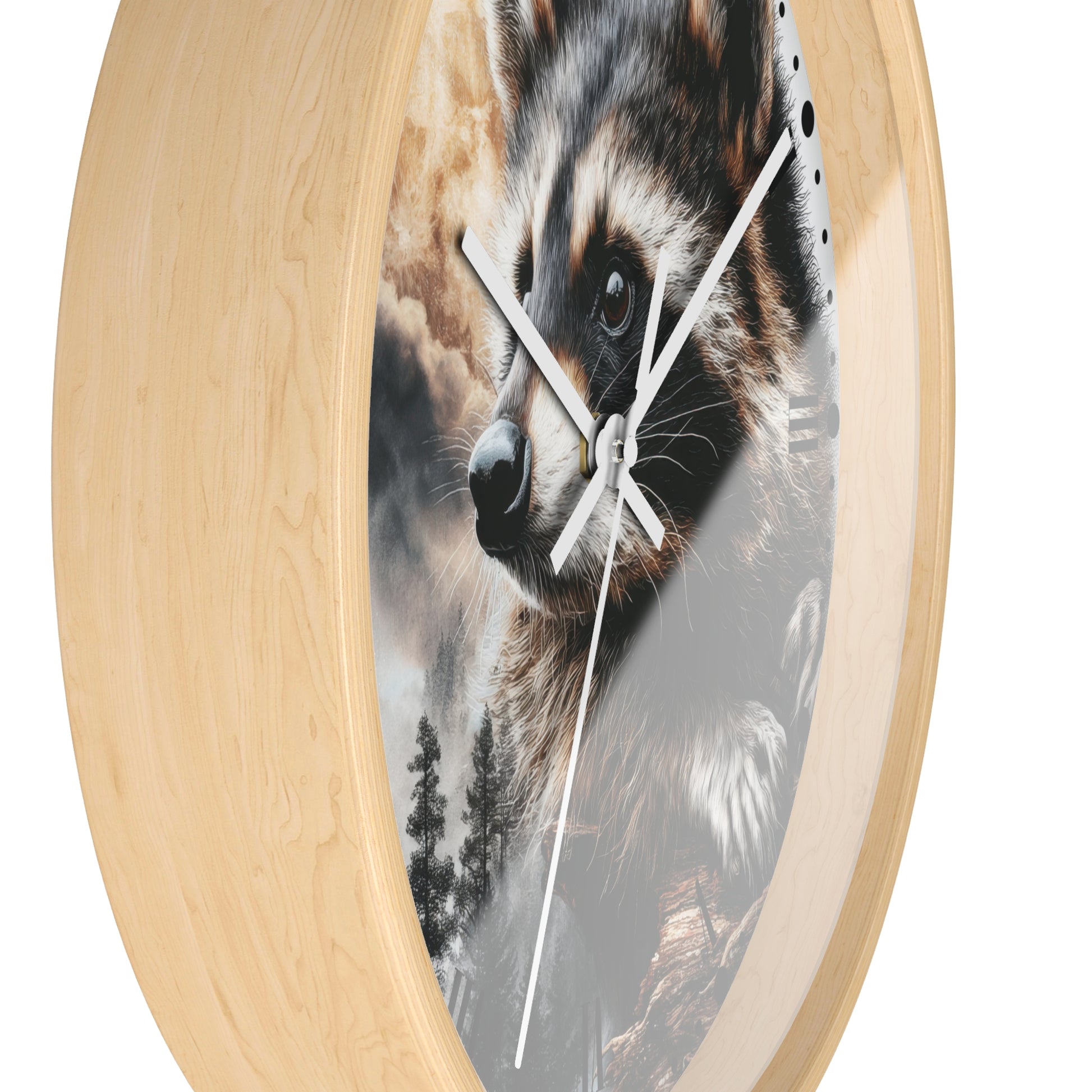 Round wall clock with a light natural wood frame and a printed raccoon face design on the face, with white hands on a white background.