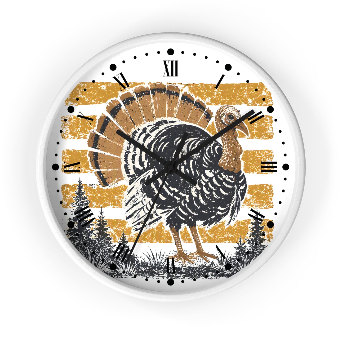 A round wall clock with a white frame and a festive Thanksgiving design. The clock face features a large black and brown turkey silhouette in front of distressed gold and white horizontal stripes, with black Roman numerals and black clock hands.