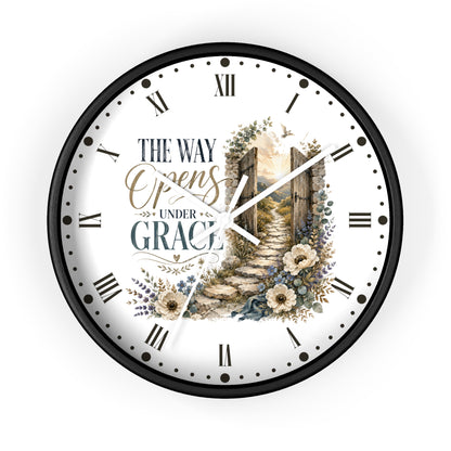 Rustic Floral Inspirational Wall Clock - "The Way Opens Under Grace"  Christian Home Decor