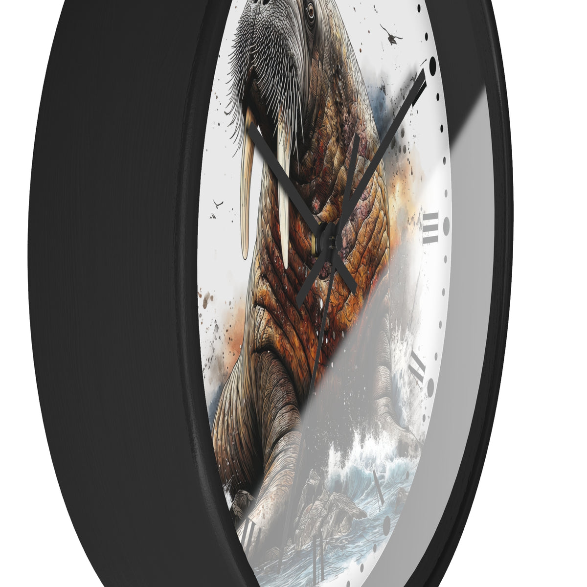 Round wall clock with a black frame and a printed face featuring a large walrus above an icy seascape, shown on a white background.