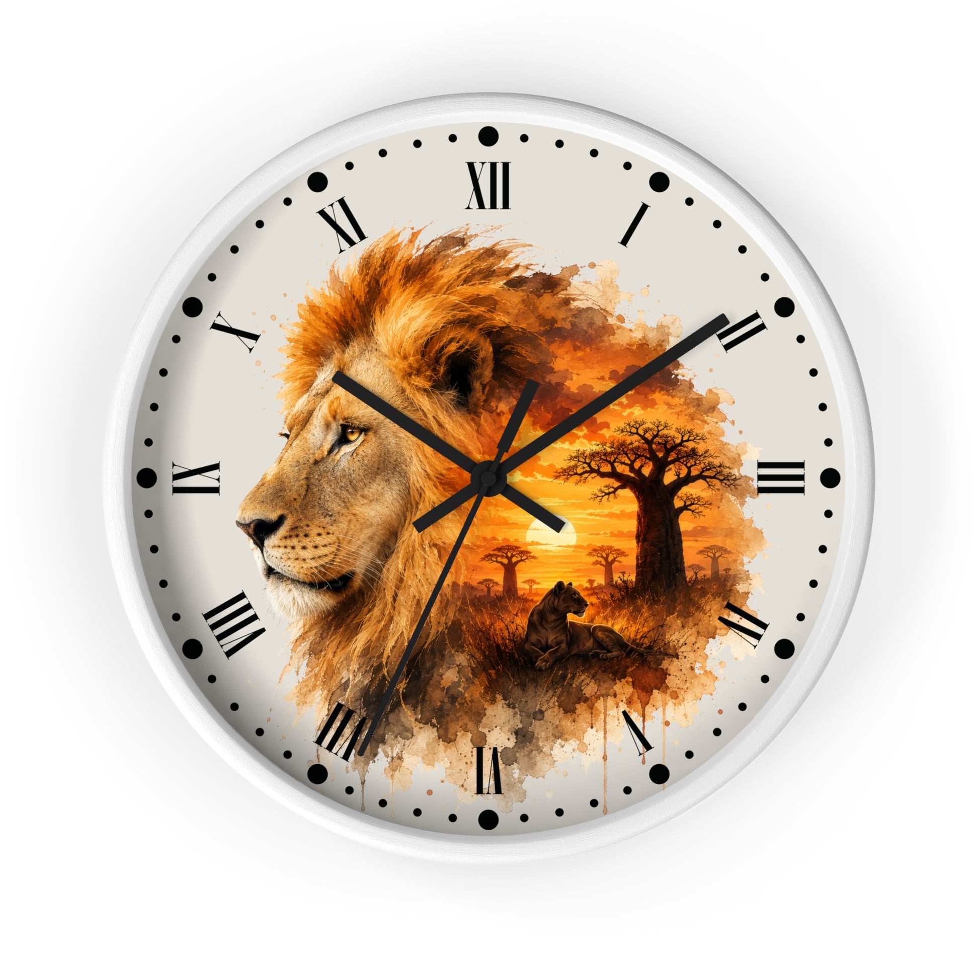 A round wall clock with a white frame and a printed safari design featuring a lion, trees, and a sunset. The clock face has black Roman numerals and black hands, shown against a plain white background.