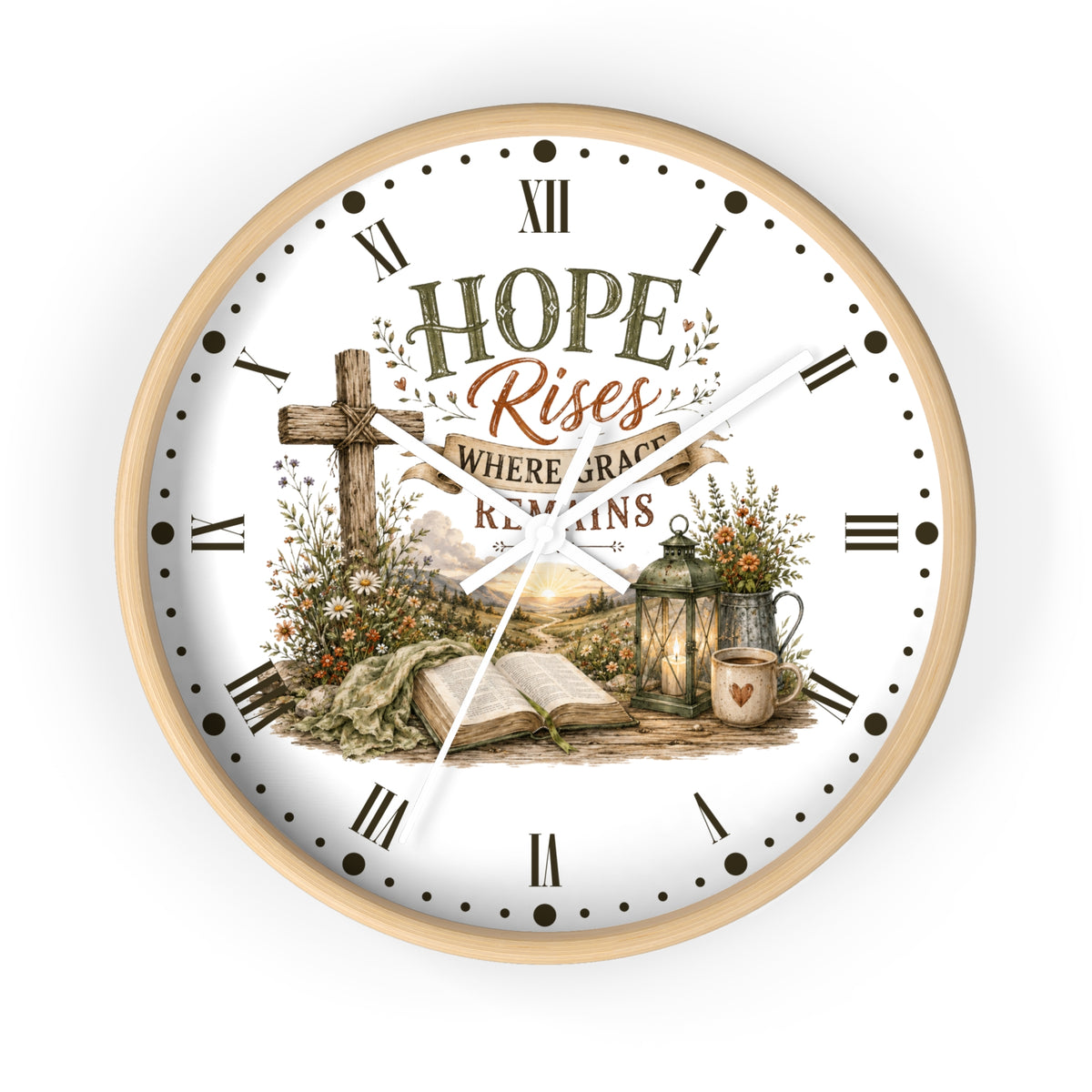 Christian Inspirational Wall Clock — "Hope Rises Where Grace Remains" Farmhouse Decor