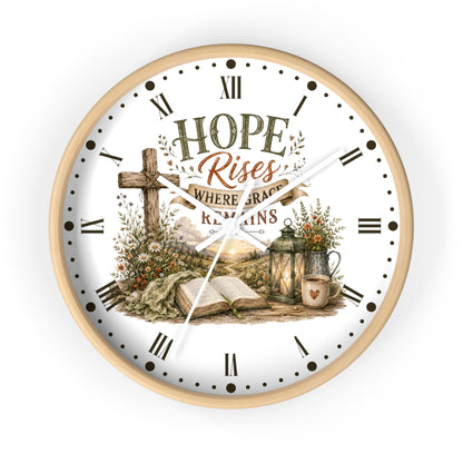 Christian Inspirational Wall Clock — "Hope Rises Where Grace Remains" Farmhouse Decor