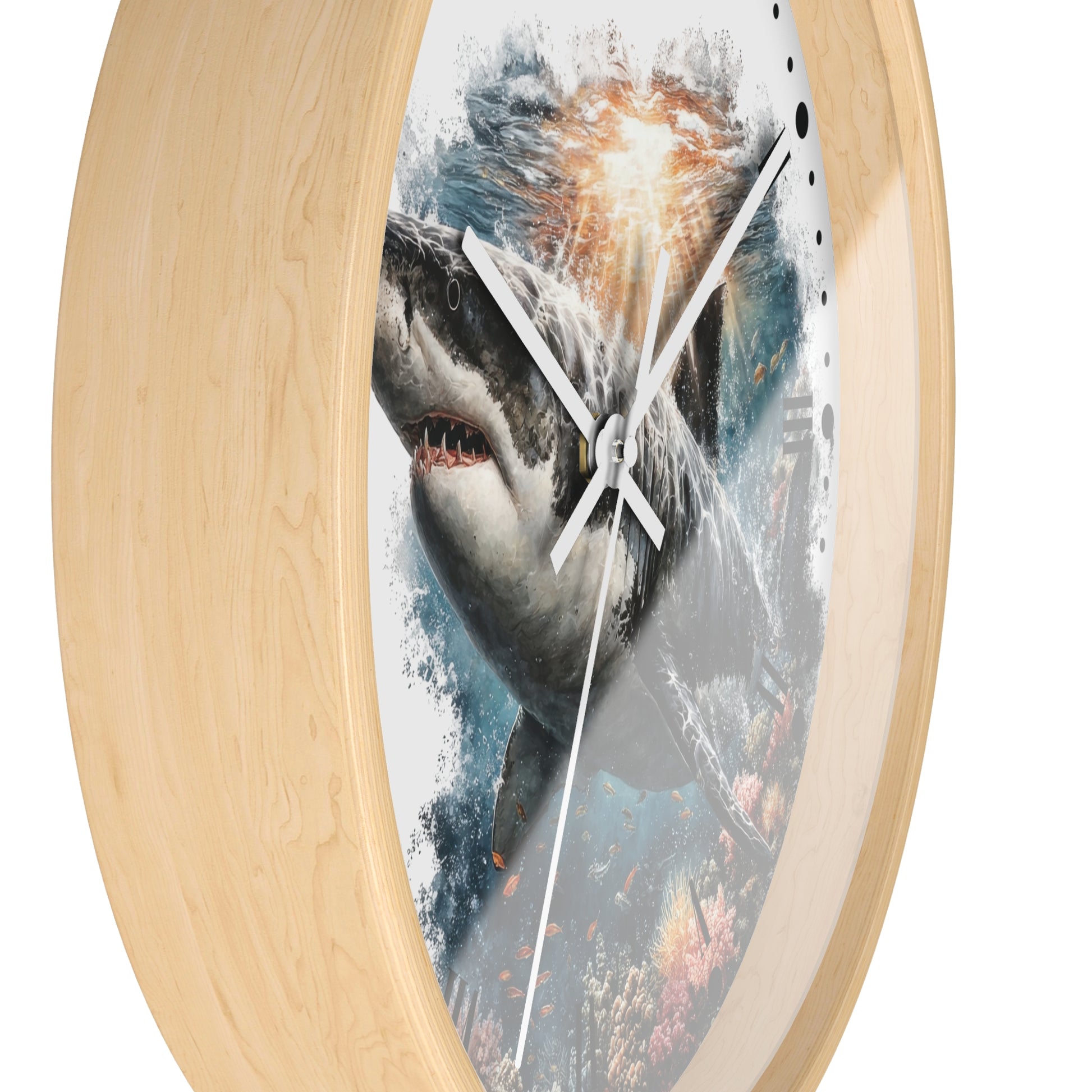 Oval wall clock with a light natural wood frame and a printed shark scene on the face, shown against a plain white background.