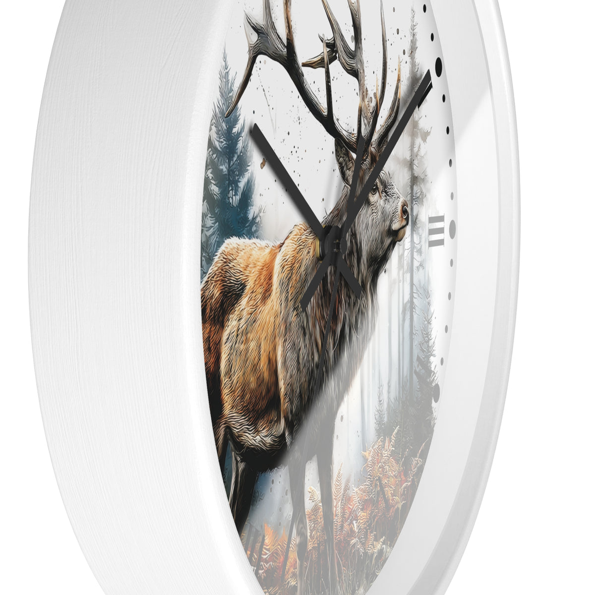 A white round wall clock featuring a detailed illustration of a stag with large antlers in a misty forest scene on the clock face.