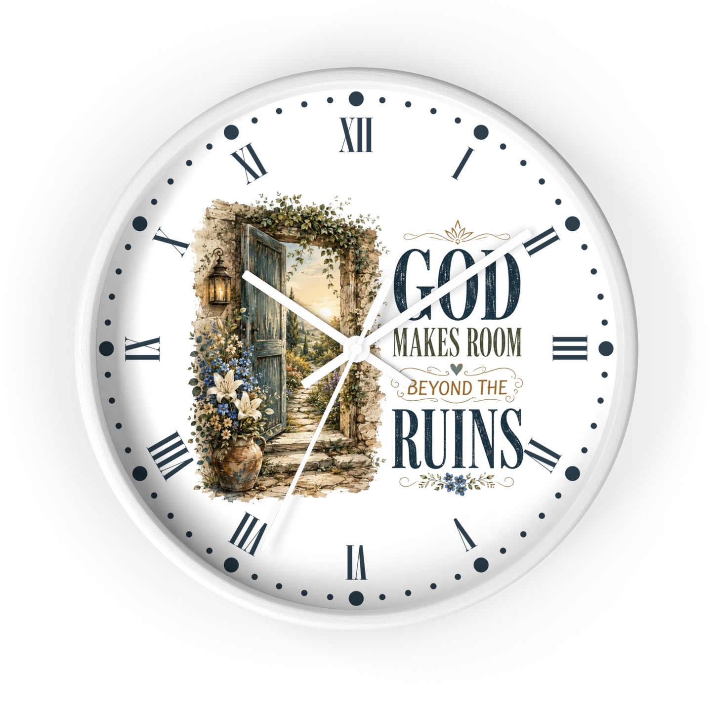 Inspirational Wall Clock — “God Makes Room Beyond the Ruins” Rustic Faith Home Decor