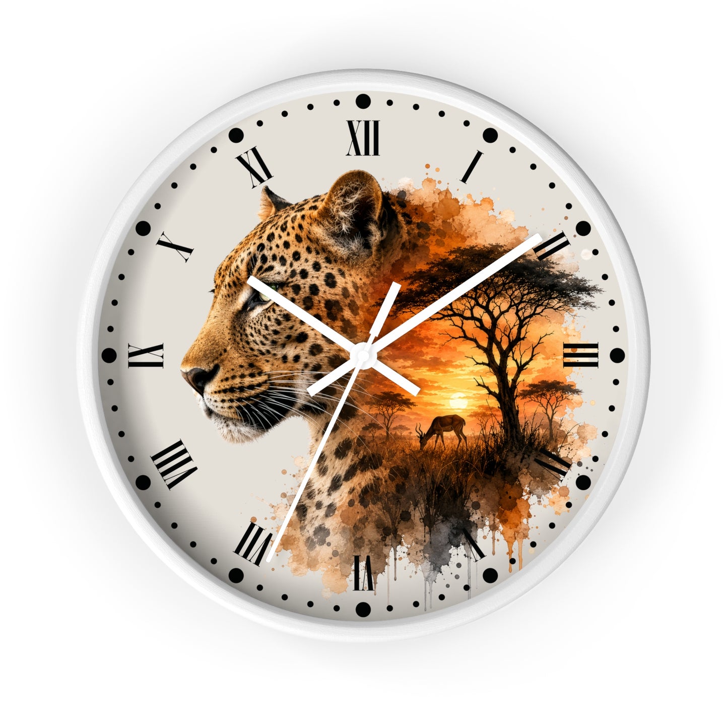 A round wall clock with a white frame and a printed safari design featuring a leopard, trees, and an orange sunset over a savanna, with black Roman numerals and clock hands on a white face.