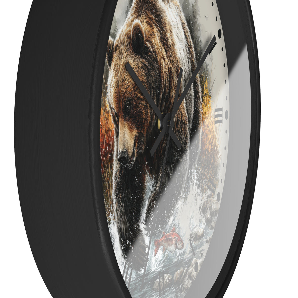 A round wall clock with a black frame and a printed design of a brown bear walking through water, shown against a plain white background.