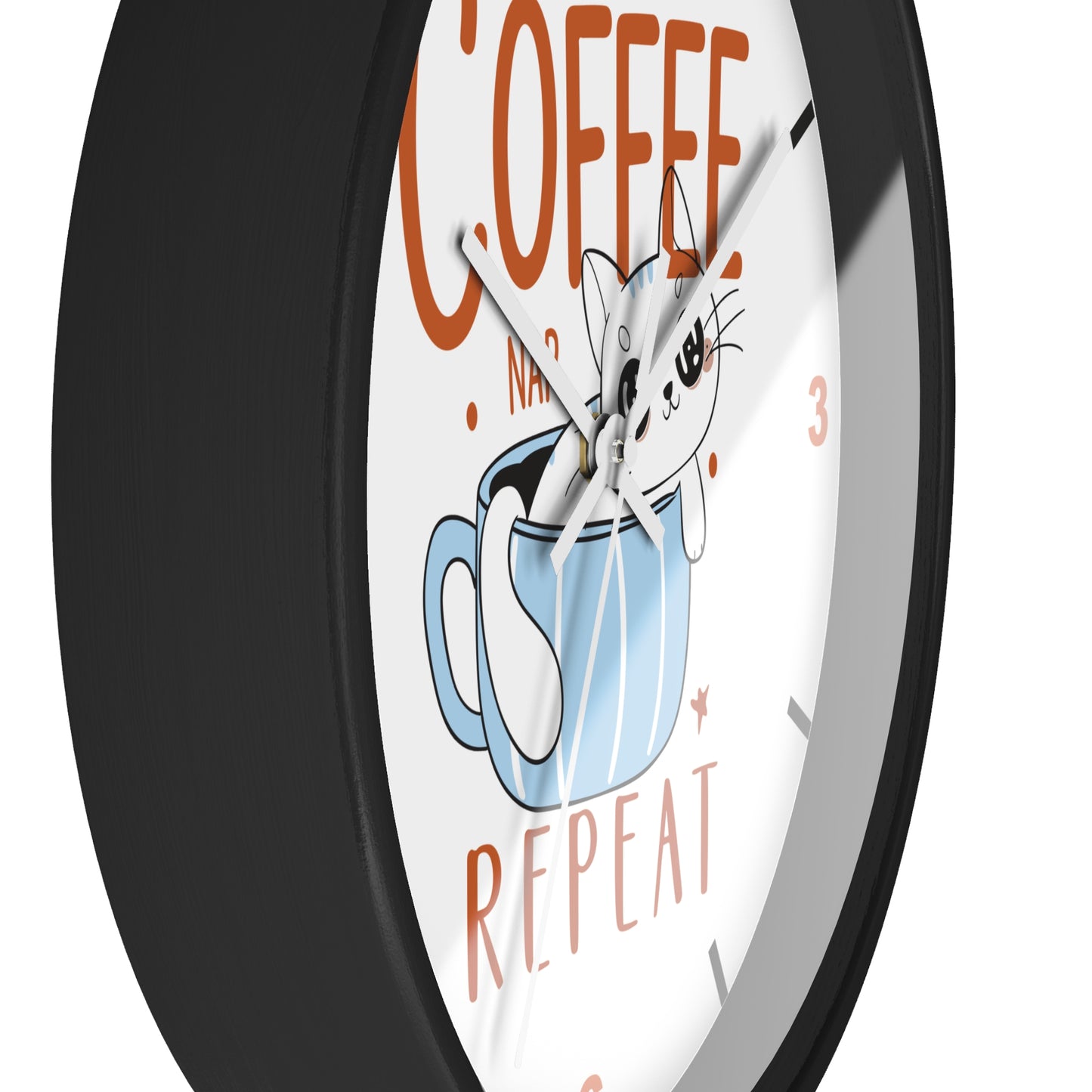 Coffee Nap Repeat Wall Clock | Cute Cat in Mug Kitchen Decor