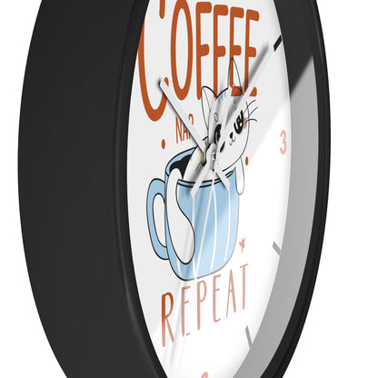 Coffee Nap Repeat Wall Clock | Cute Cat in Mug Kitchen Decor