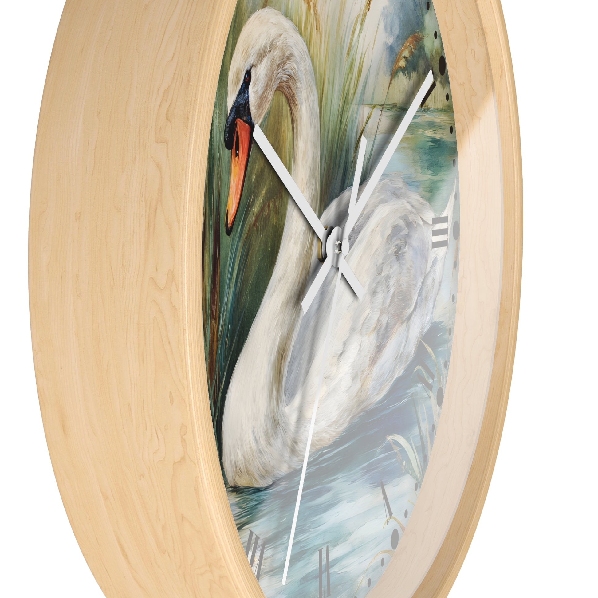Round wall clock with a light natural wood frame and a printed swan painting in the center, shown against a plain white background.