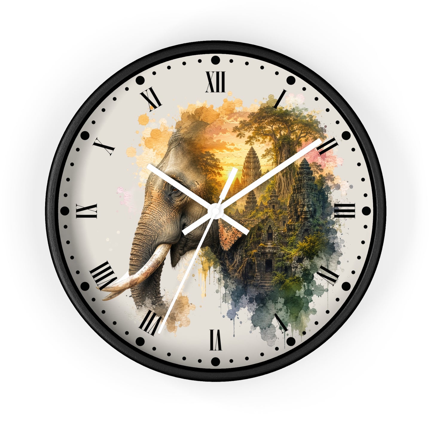 Elephant Temple Wall Clock — Watercolor Safari Home Decor