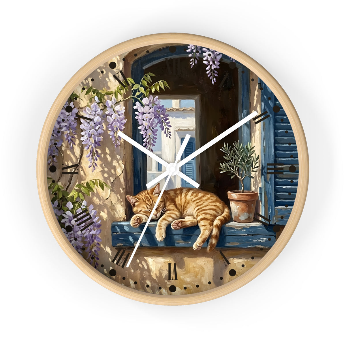 Round wall clock with a light wood frame and a printed illustration of a sleeping orange tabby cat on a blue window sill, surrounded by purple wisteria flowers and a potted plant.
