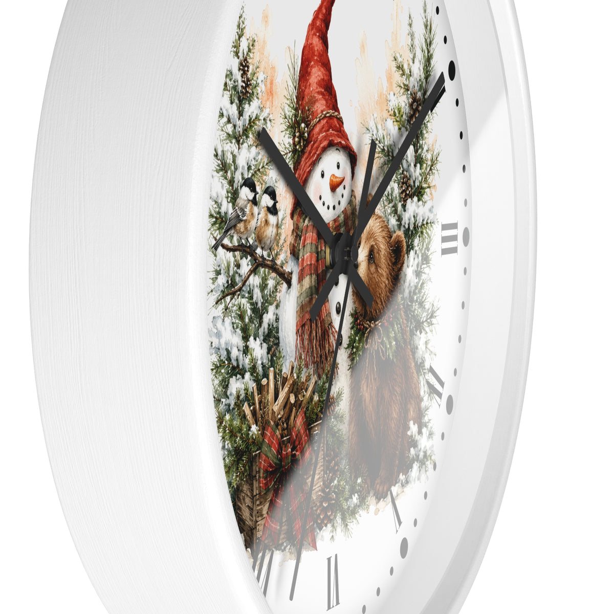A white round wall clock with a festive winter illustration on the face, featuring a snowman in a red hat, a bird, pine branches, and a brown bear, with black Roman numerals and black hands.