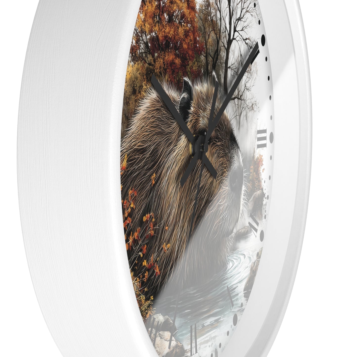Round wall clock with a white frame and a printed nature scene featuring a capybara, autumn trees, and water, with black hands and Roman numerals.