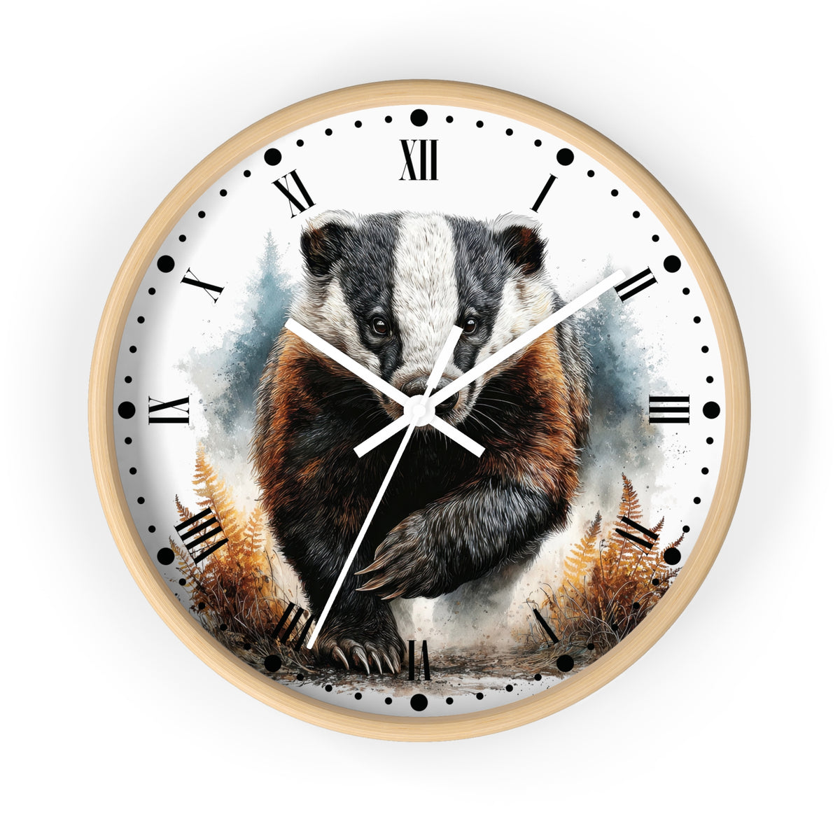 A round wall clock with a light wood frame and a printed watercolor-style design of a badger on the face, with black Roman numerals and hands on a white background.
