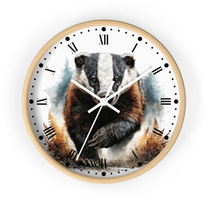 A round wall clock with a light wood frame and a printed watercolor-style design of a badger on the face, with black Roman numerals and hands on a white background.