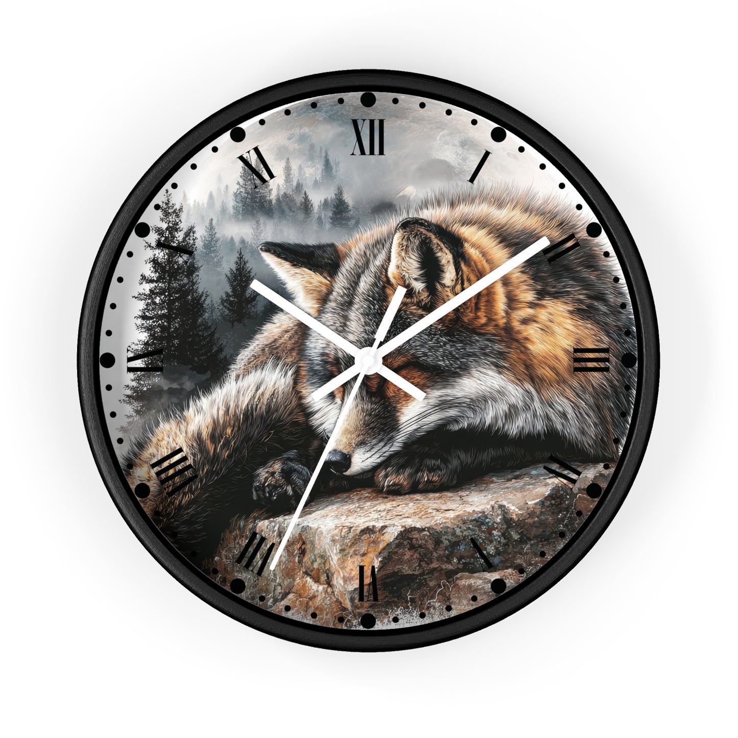 Round wall clock with a black frame and a printed dial showing a sleeping fox resting on a rock in a misty forest scene. The clock has black Roman numerals and white hands, photographed against a plain white background.