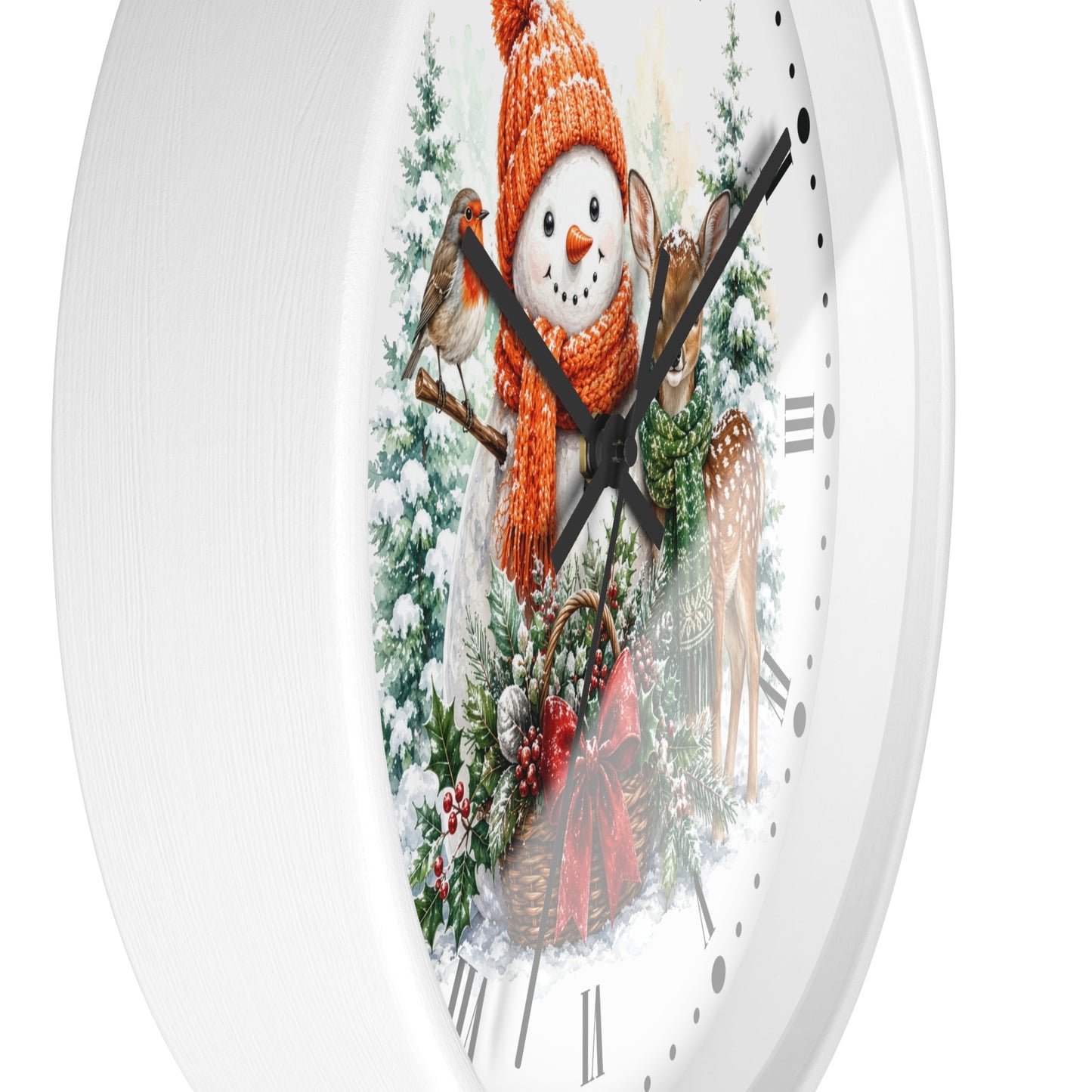 Snowman & Fawn Holiday Wall Clock — Festive Winter Deer Decor