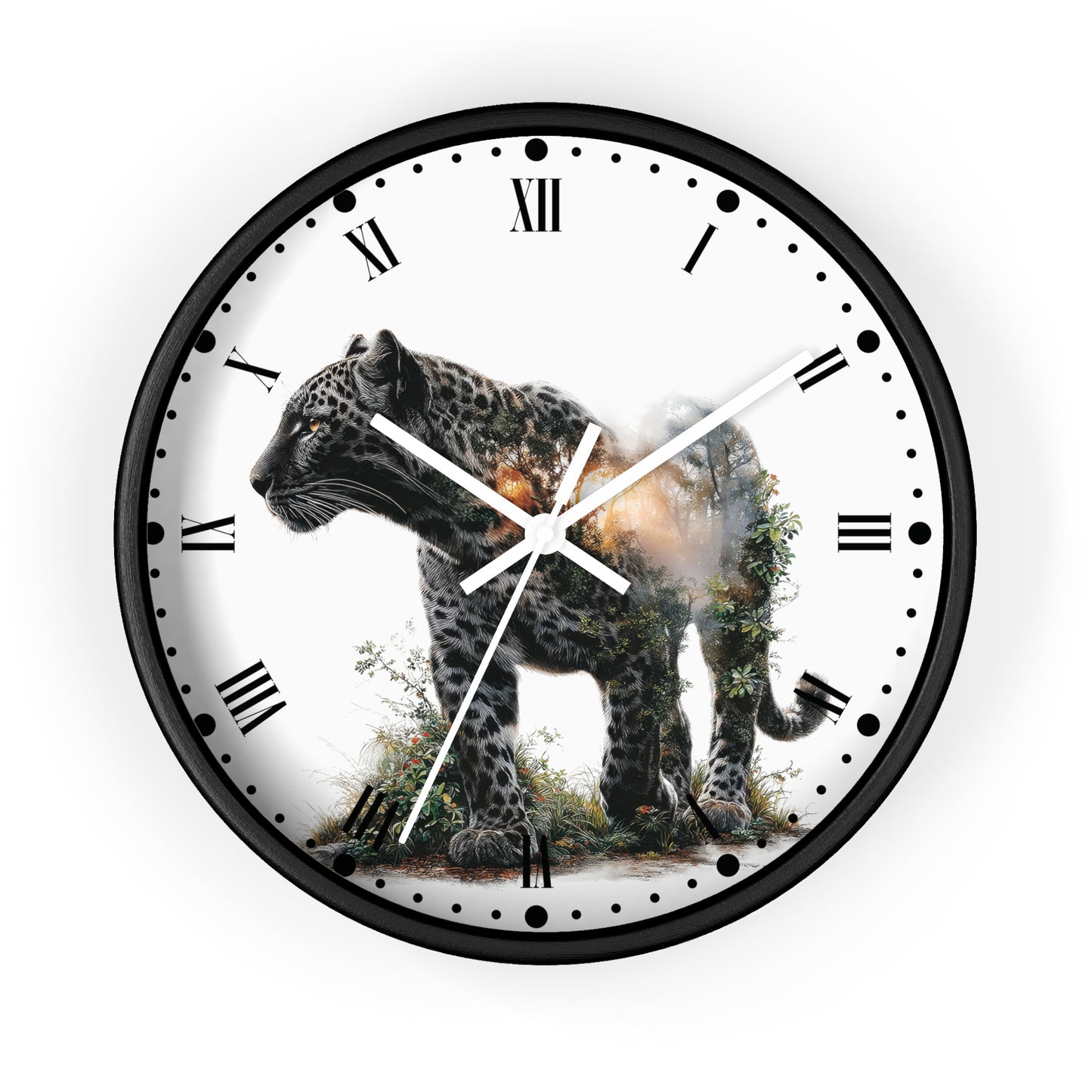 A round wall clock with a black frame and a white face featuring a large spotted big cat printed across the center, with black Roman numerals and white hands, shown on a plain white background.
