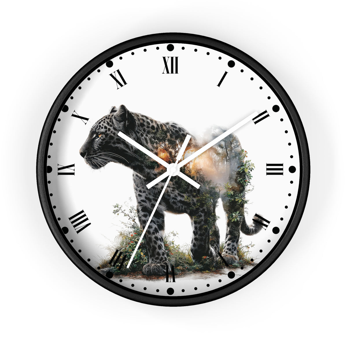 A round wall clock with a black frame and a white face featuring a large spotted big cat printed across the center, with black Roman numerals and white hands, shown on a plain white background.