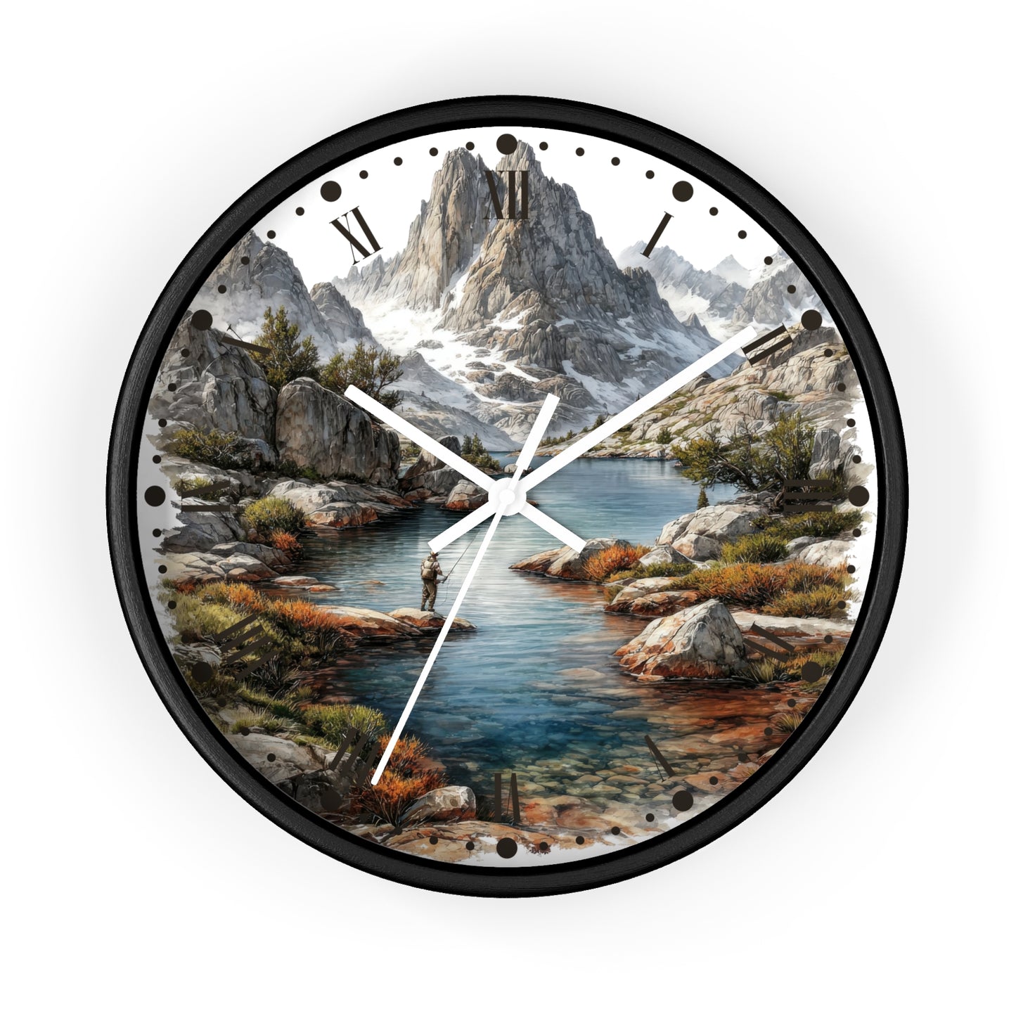 A round wall clock with a black frame and a scenic landscape print featuring mountains, a river, rocks, and a fisherman. The clock has white hands, black Roman numerals, and dot hour markers on a plain white background.