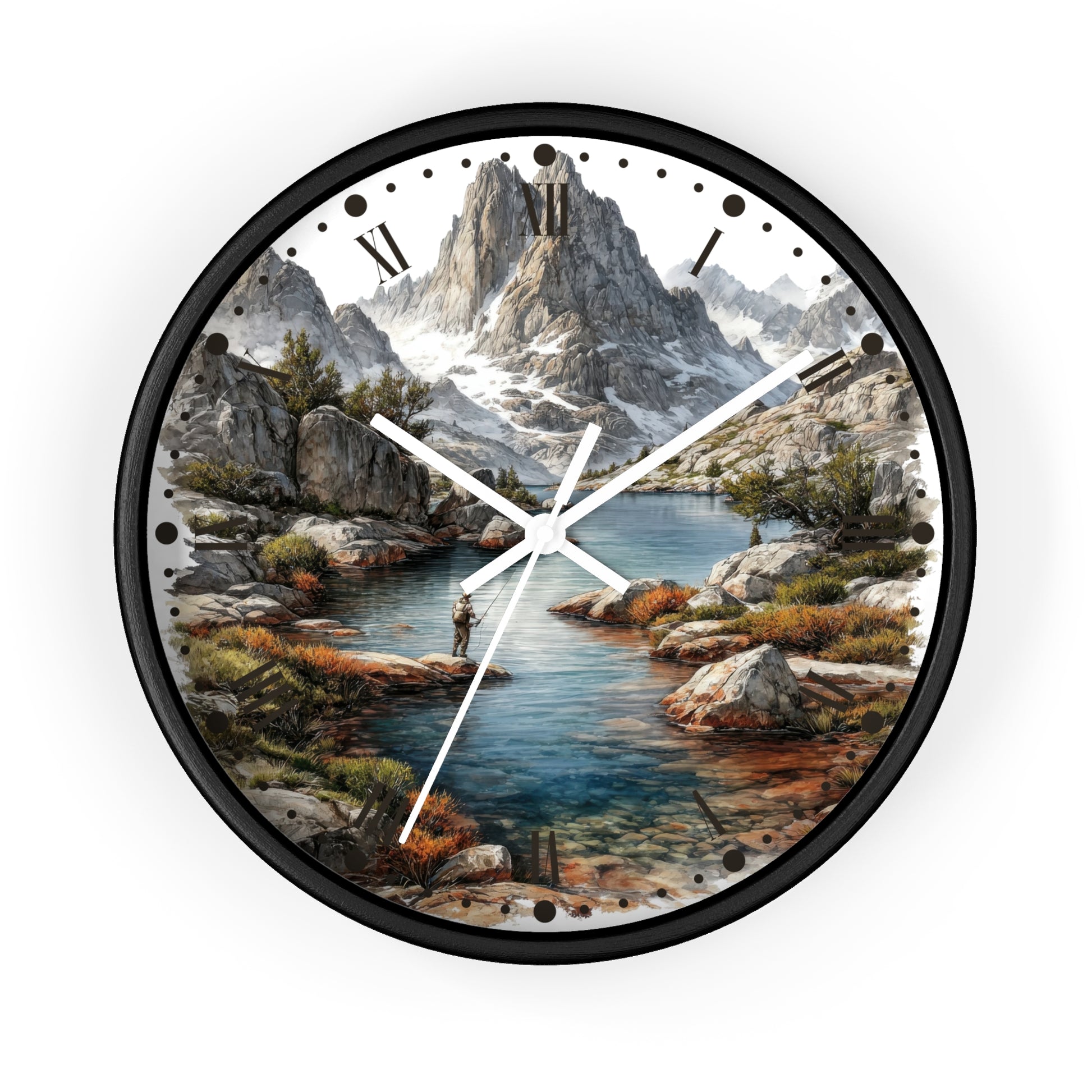 A round wall clock with a black frame and a scenic landscape print featuring mountains, a river, rocks, and a fisherman. The clock has white hands, black Roman numerals, and dot hour markers on a plain white background.