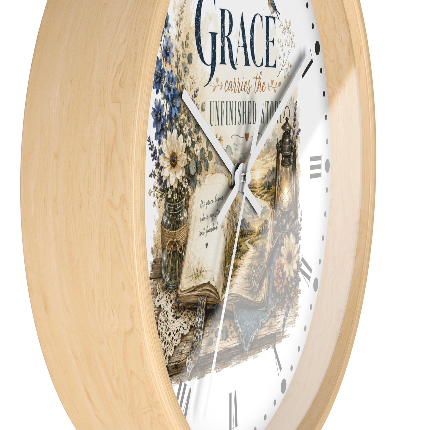 Grace Carries the Unfinished Story Wall Clock — Inspirational Rustic Farmhouse Decor