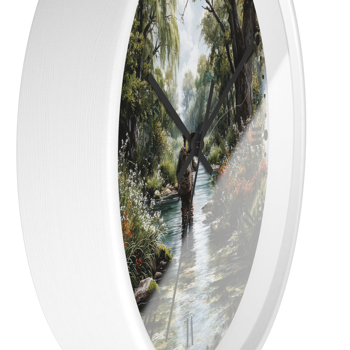 Round wall clock with a white frame and a printed scenic dial showing a person wading through a stream in a forest, photographed against a white background.