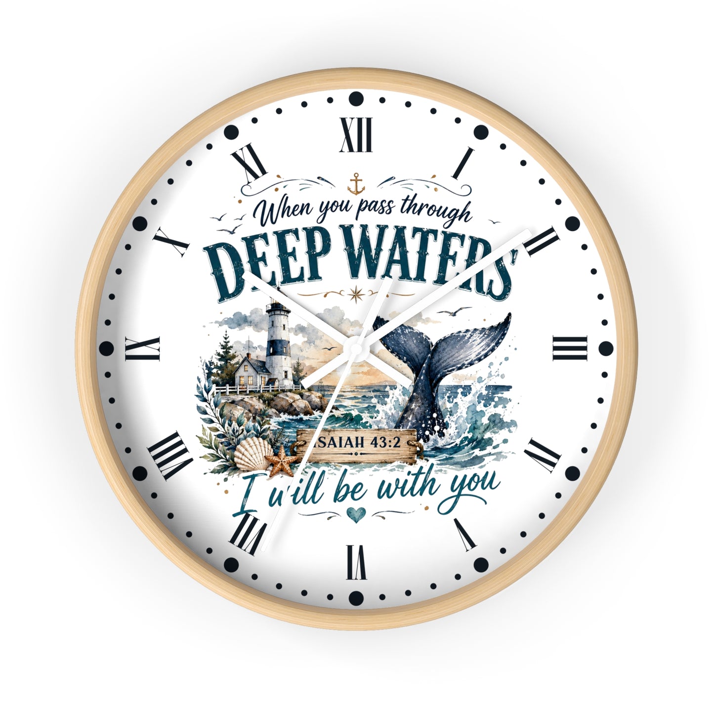 Inspirational Lighthouse Bible Verse Wall Clock — "When You Pass Through Deep Waters" (Isaiah 43:2)