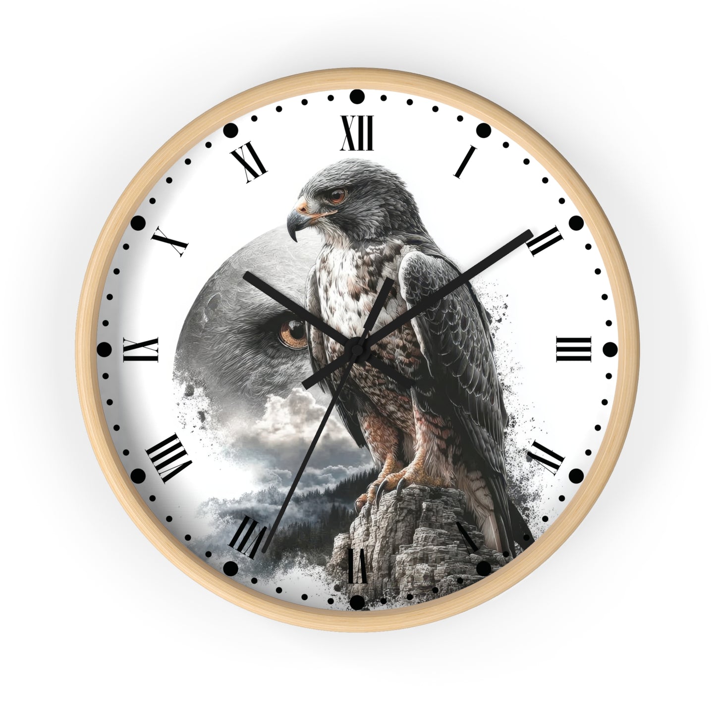 A round wall clock with a white face featuring a large hawk perched on a rock, with a blurred matching hawk head in the background. The clock uses black Roman numerals and black hands on a clean white background.