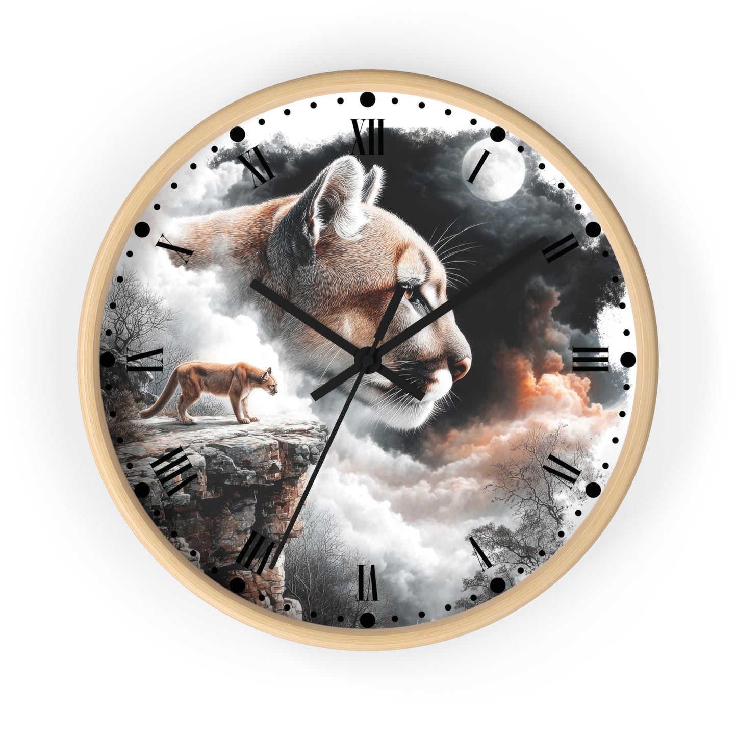 A round wall clock with a light wood frame and a surreal printed dial featuring a large cat head, a smaller cat standing on a cliff, clouds, moon, and dark sky. The clock is centered on a plain white background.
