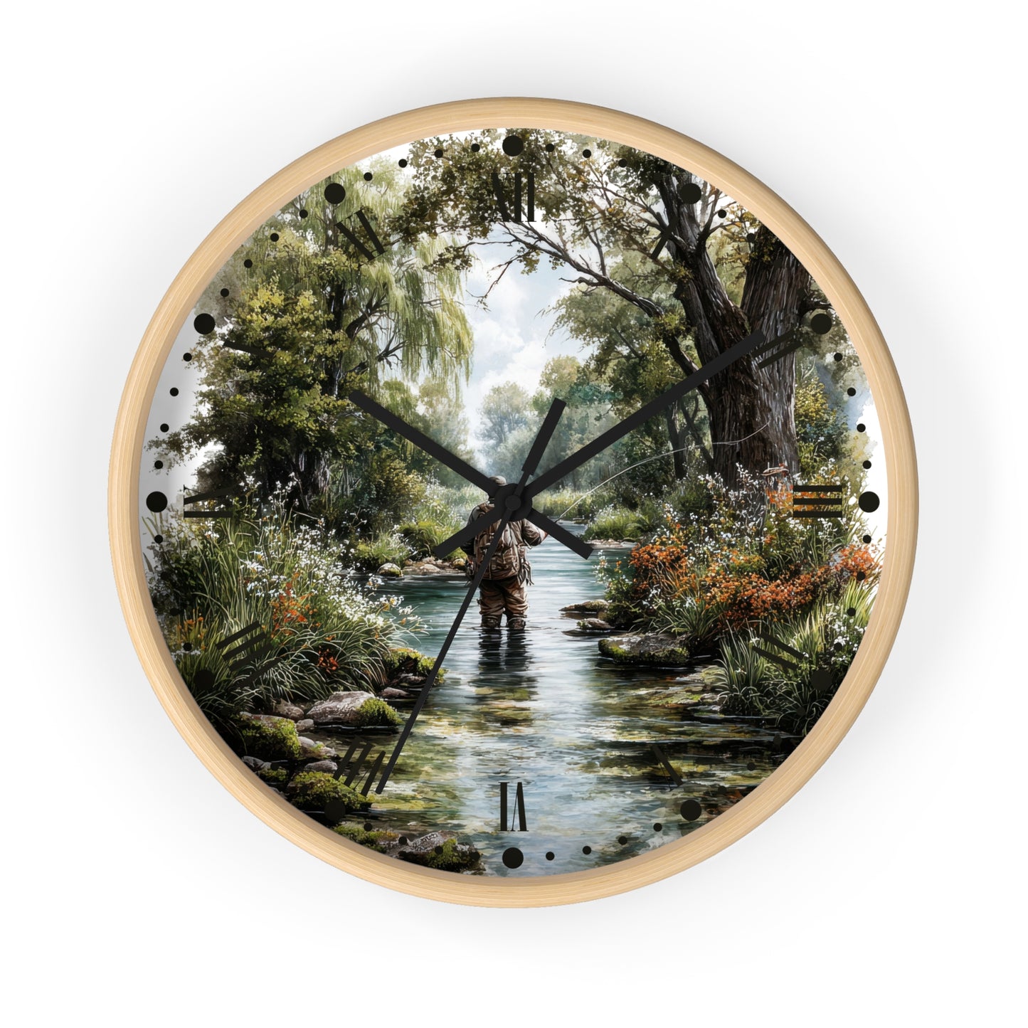 Round wall clock with a light wood frame and a printed scenic dial showing a fly fisherman standing in a stream surrounded by trees and foliage. Black clock hands and hour markers are visible against a plain white background.