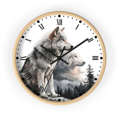 A round wall clock with a white face featuring a printed design of two wolves over a misty forest landscape. The clock has black Roman numerals and black hands, shown against a plain white background.