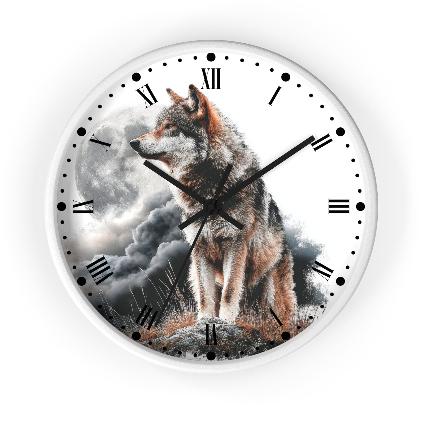 A round wall clock with a white frame and a printed design of a wolf standing in front of a cloudy moonlit sky. The clock face uses black Roman numerals and black hands, with no visible brand name.
