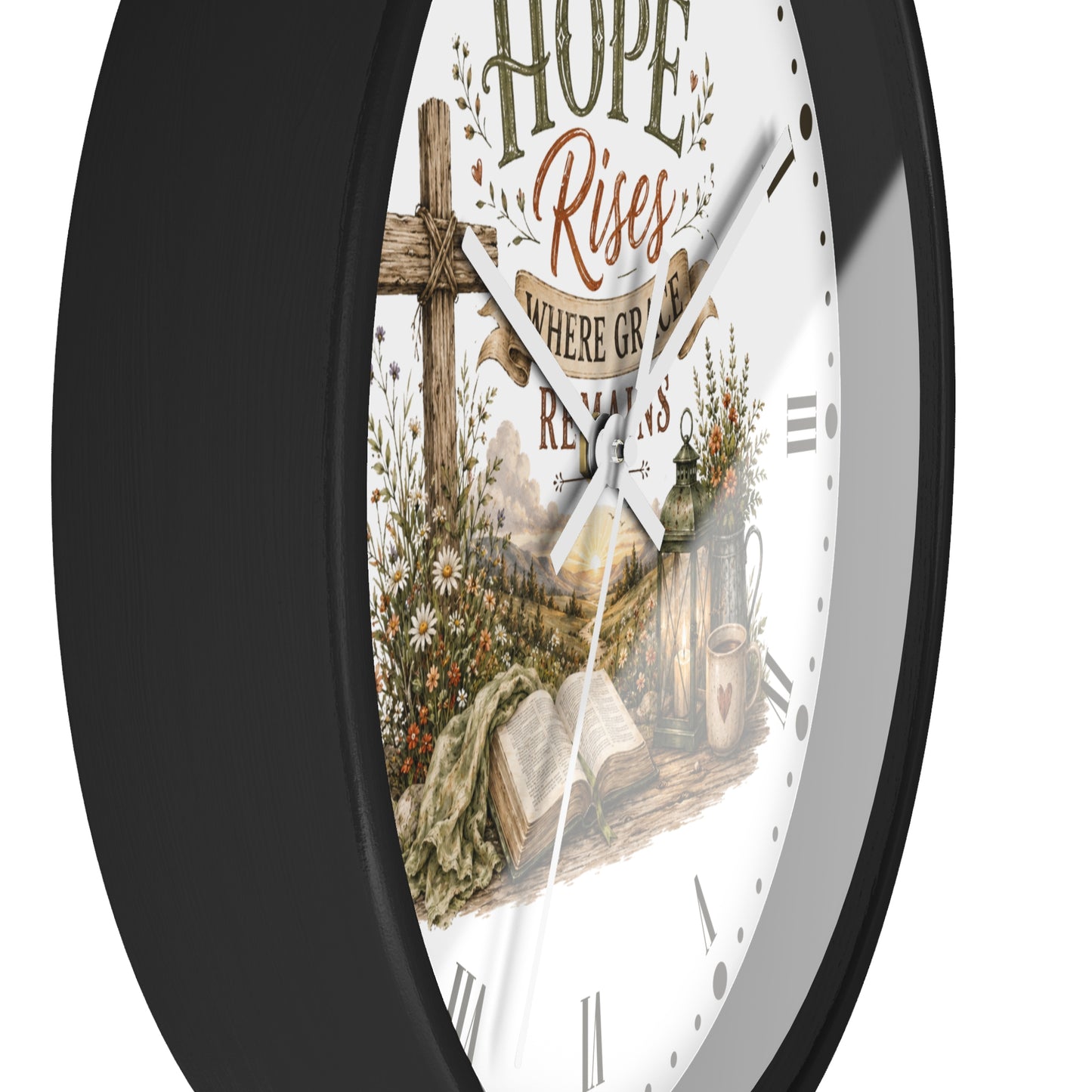 Christian Inspirational Wall Clock — "Hope Rises Where Grace Remains" Farmhouse Decor