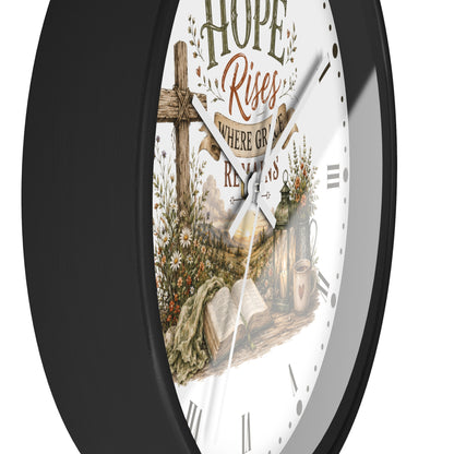 Christian Inspirational Wall Clock — "Hope Rises Where Grace Remains" Farmhouse Decor