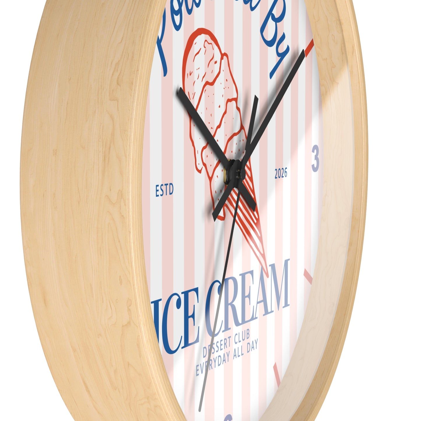 Dessert Club Wall Clock | "Powered By Ice Cream" Retro Striped  Kitchen Decor