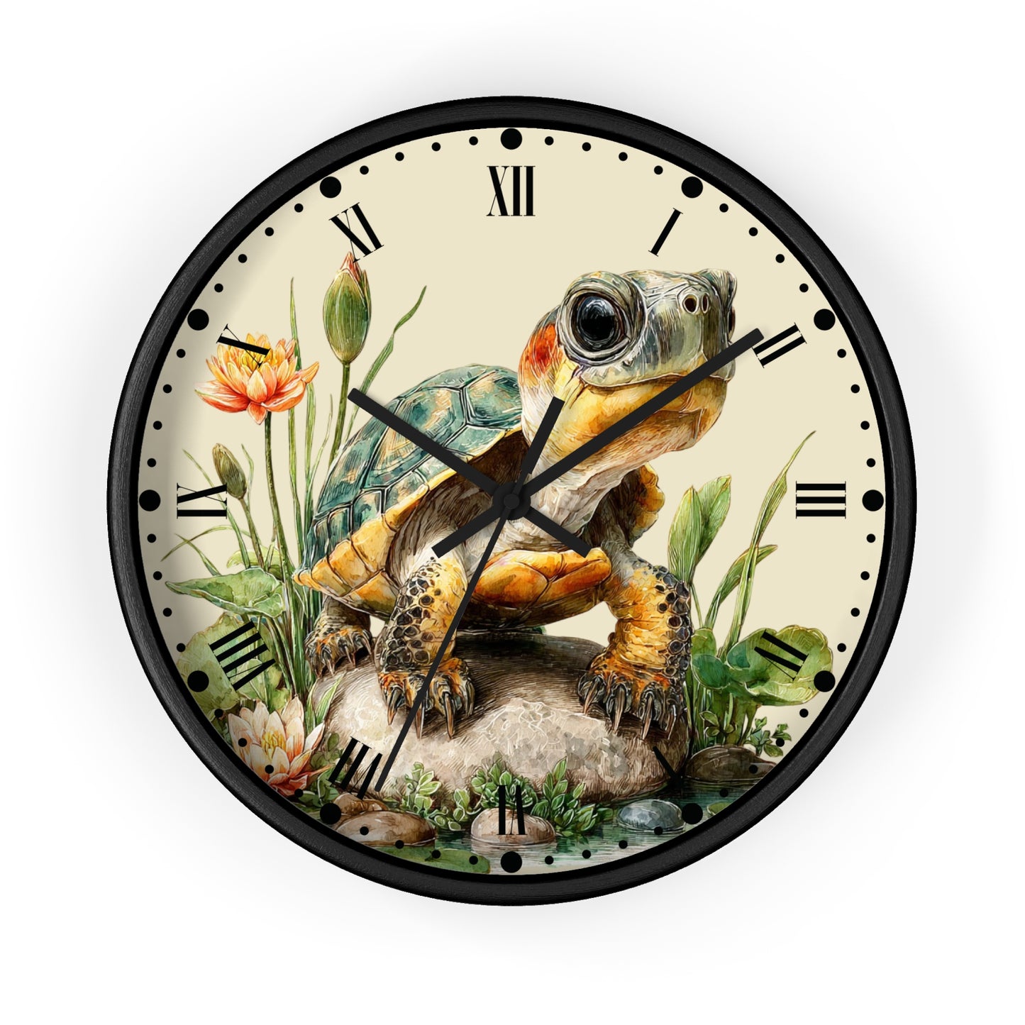 Round wall clock with a black frame and a vintage-style turtle illustration on the face, surrounded by flowers and greenery, with Roman numerals and black hands.