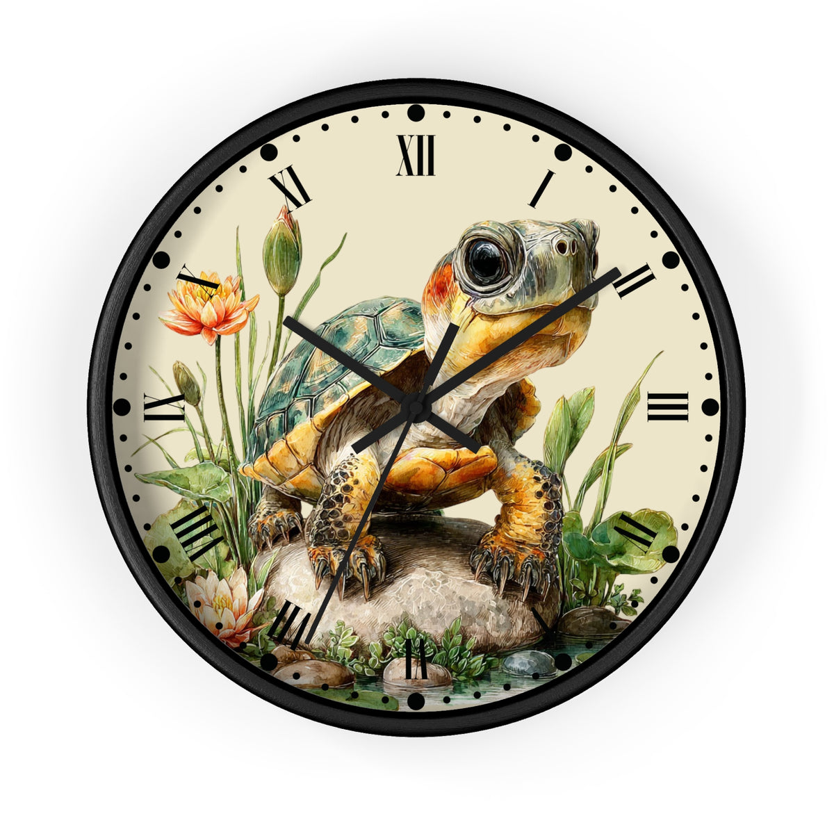 Round wall clock with a black frame and a vintage-style turtle illustration on the face, surrounded by flowers and greenery, with Roman numerals and black hands.