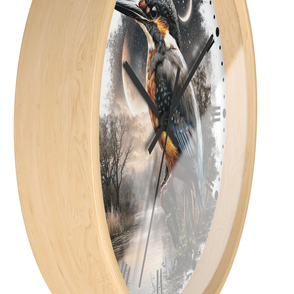 Round wall clock with a light natural wood frame and a printed clock face featuring a kingfisher bird over a misty marsh scene.