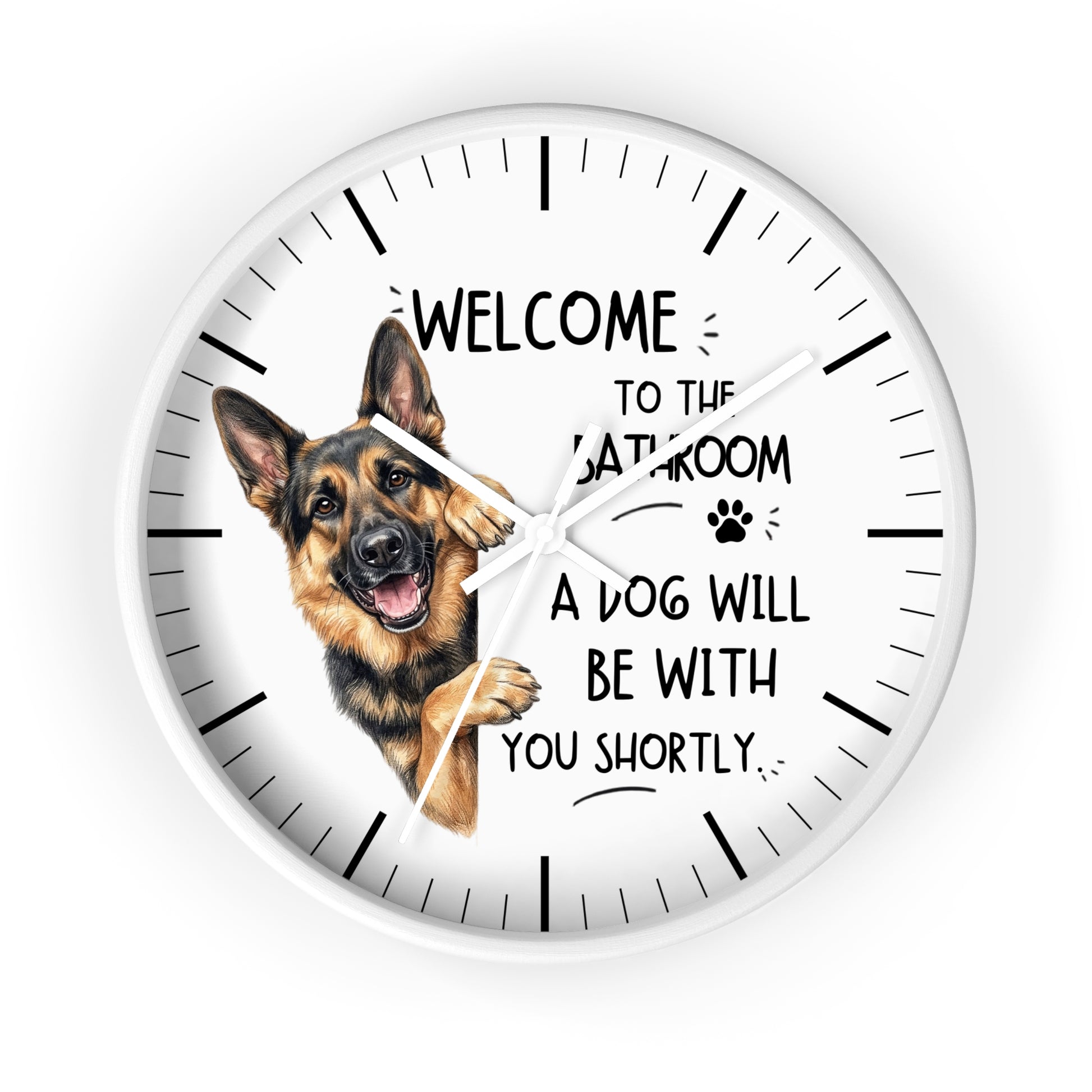 A round white wall clock featuring a German Shepherd illustration and the humorous text 'WELCOME TO THE BATHROOM A DOG WILL BE WITH YOU SHORTLY.' on a clean white background.