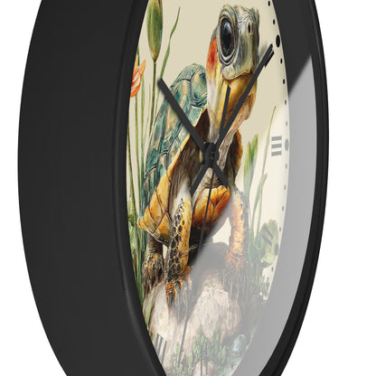 A round wall clock with a black frame and a printed turtle illustration on the face, shown against a plain white background.