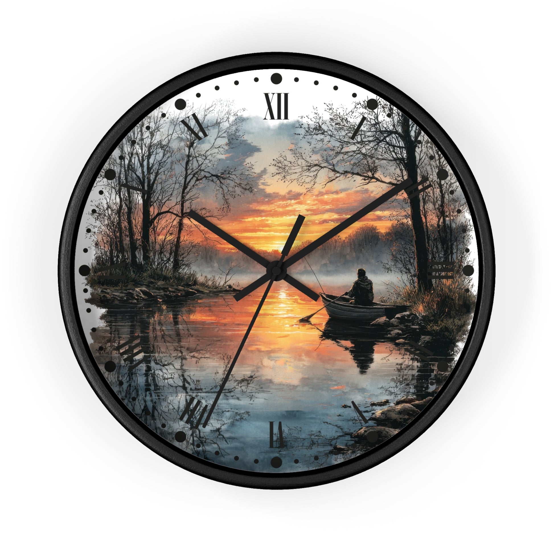 Round wall clock with a black frame and a scenic print of a lake at sunset, featuring a person in a boat and bare trees, with black Roman numerals and hands on a white background.