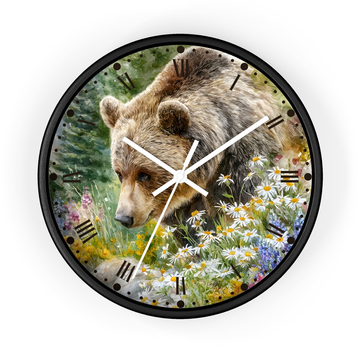 Grizzly Bear in Wildflower Meadow Wall Clock — Rustic Nature Animal Decor