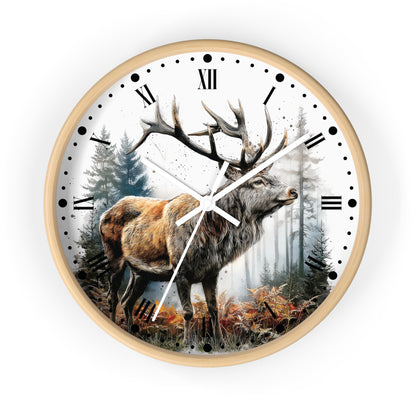 Round wall clock with a light wood frame and a printed forest scene featuring a large deer with antlers, Roman numerals, and black hour markers on a white background.