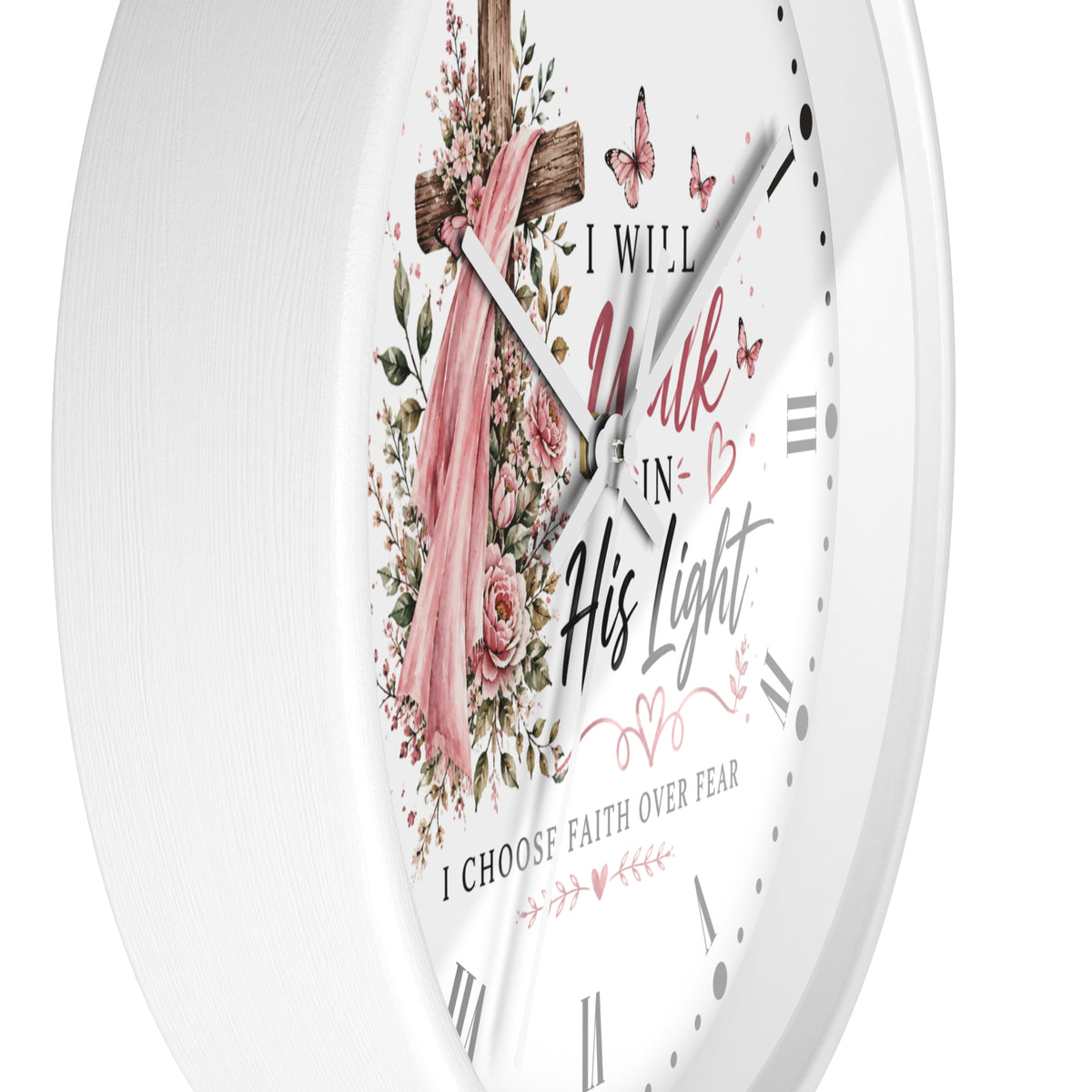 I Will Walk in His Light Wall Clock — Floral Cross Christian Cancer Awareness Gift