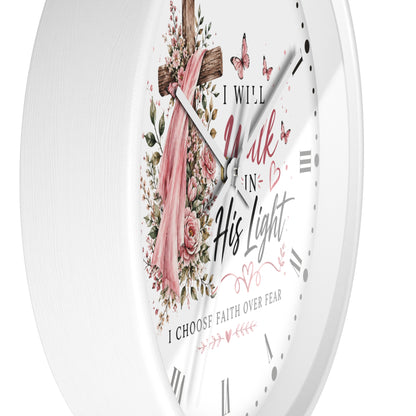 I Will Walk in His Light Wall Clock — Floral Cross Christian Cancer Awareness Gift