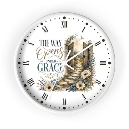 Rustic Floral Inspirational Wall Clock - "The Way Opens Under Grace"  Christian Home Decor